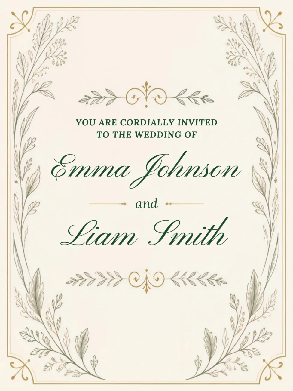 An illustrated wedding invitation with a floral border and sample names
